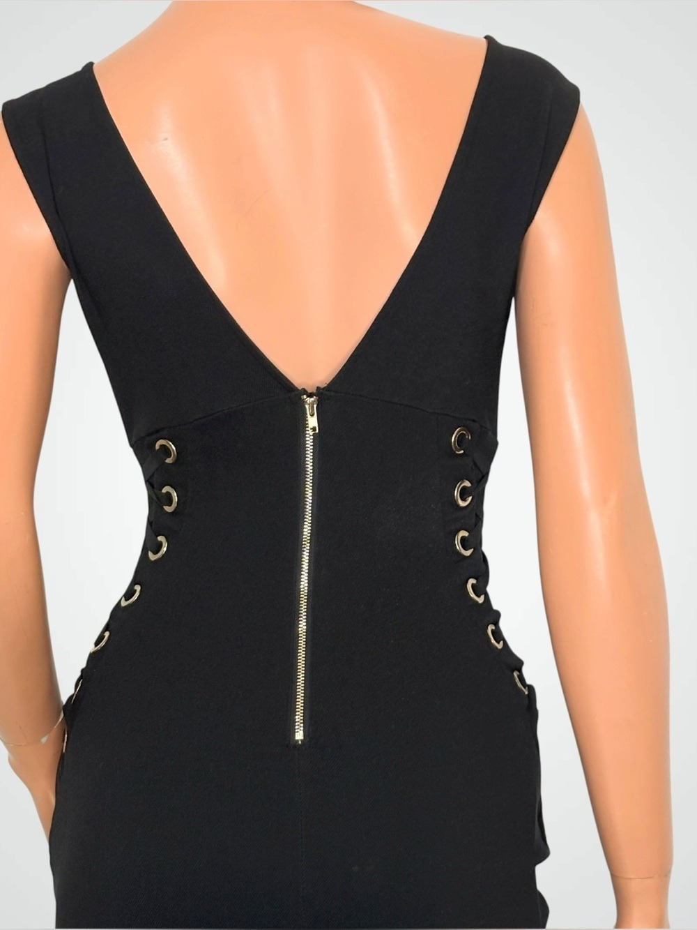 90s Black Gold Grommet Lace-Up Corset Dress XS Indie Sleaze Mall Goth Whimsigoth - Picture 7 of 13